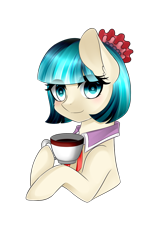 Size: 2000x3000 | Tagged: safe, artist:riariirii2, coco pommel, earth pony, pony, g4, bust, cup, eyelashes, female, food, high res, mare, simple background, smiling, solo, tea, teacup, transparent background