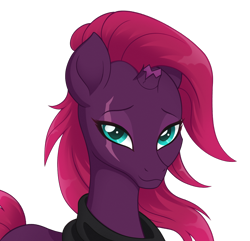 Size: 1228x1182 | Tagged: safe, artist:ravenirik, fizzlepop berrytwist, tempest shadow, pony, unicorn, my little pony: the movie, alternate hairstyle, broken horn, bust, clothes, cute, eye scar, female, flowing mane, horn, lidded eyes, long mane, looking at you, mare, portrait, scar, simple background, solo, tempestbetes, three quarter view, transparent background