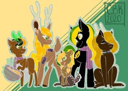 Size: 960x682 | Tagged: safe, artist:cbkdraws, oc, oc only, oc:bada nevada, oc:vermont black, oc:veronica black, oc:vittaria black, oc:vladimir black, deer, deer pony, earth pony, original species, pony, antlers, apron, bowl, clothes, collar, family, group, looking at each other, male, mixing bowl, offspring, parent:oc:bada nevada, parent:oc:vermont black, parents:oc x oc, phi, scarf, sitting, spiked collar, stallion