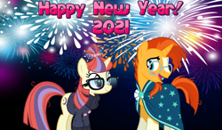 Size: 2064x1204 | Tagged: safe, anonymous artist, moondancer, sunburst, pony, unicorn, g4, 2021, female, fireworks, happy new year, holiday, looking at each other, male, shipping, smiling, straight, sundancer
