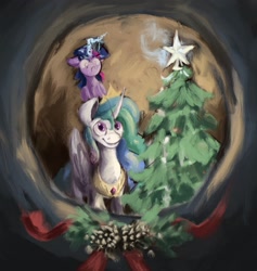 Size: 2387x2522 | Tagged: safe, artist:rigbyh00ves, princess celestia, twilight sparkle, alicorn, pony, unicorn, g4, christmas, christmas decoration, christmas tree, christmas wreath, concentrating, decorating, duo, female, folded wings, glowing horn, high res, holiday, horn, mare, ponies riding ponies, riding, smiling, tree, unfinished art, unicorn twilight, wings, wip, wreath, younger