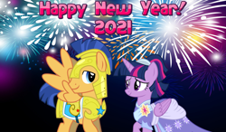 Size: 2064x1204 | Tagged: safe, anonymous artist, flash sentry, twilight sparkle, alicorn, pony, g4, the last problem, 2021, armor, clothes, coronation dress, dress, female, fireworks, happy new year, holiday, looking at each other, male, royal guard armor, second coronation dress, ship:flashlight, shipping, smiling, straight, twilight sparkle (alicorn)