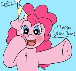 Size: 3000x2800 | Tagged: safe, artist:demitri, pinkie pie, earth pony, pony, g4, :3, blushing, chest fluff, cute, diapinkes, female, frog (hoof), happy new year, hat, high res, holiday, looking at you, new year, open mouth, party hat, signature, simple background, smiling, smiling at you, solo, speech bubble, squishy cheeks, text, underhoof, wingding eyes