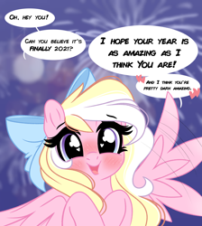 Size: 3044x3394 | Tagged: safe, artist:emberslament, oc, oc only, oc:bay breeze, pegasus, pony, blushing, bow, cute, female, fireworks, flapping wings, hair bow, heart eyes, high res, looking at you, mare, new year, ocbetes, open mouth, positive ponies, speech, speech bubble, talking, talking to viewer, wingding eyes