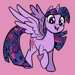 Size: 2048x2048 | Tagged: dead source, safe, artist:sophie scruggs, part of a set, spike, twilight sparkle, alicorn, pony, g4, big crown thingy, book, cute, decorative hatching, element of magic, faic, female, future twilight, grin, high res, jewelry, mare, pink background, pudding face, regalia, simple background, smiling, solo, sparkle sparkle sparkle, twiabetes, twilight sparkle (alicorn)