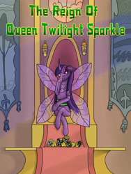 Size: 2736x3648 | Tagged: safe, artist:gloomradiancy, twilight sparkle, alicorn, changeling, pony, fanfic:hard reset, fanfic:the reign of queen twilight sparkle, g4, changelingified, corrupted, corrupted twilight sparkle, element of generosity, element of honesty, element of kindness, element of laughter, element of loyalty, element of magic, elements of harmony, fanfic, fanfic art, fanfic cover, high res, purple changeling, smiling, solo, species swap, throne, throne room, twilight sparkle (alicorn), twiling, tyrant sparkle