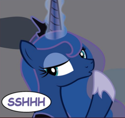 Size: 831x784 | Tagged: safe, artist:j5a4, edit, princess luna, alicorn, pony, comic:surprise, g4, covering mouth, cropped, gray background, hoof over mouth, looking left, magic, magic aura, reaction image, shhh, simple background, solo