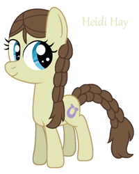 Size: 664x832 | Tagged: safe, artist:tonytoad52, heidi hay, earth pony, pony, g4, braid, braided pigtails, braided tail, cutie mark, female, filly, horseshoes, simple background, smiling, solo, text, white background, yellow text