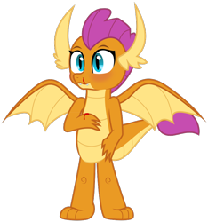 Size: 742x792 | Tagged: safe, artist:byteslice, smolder, dragon, g4, .svg available, blood, blushing, dragoness, female, nosebleed, simple background, smiling, solo, spread wings, standing, svg, transparent background, vector, wings