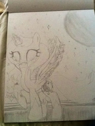 Size: 720x960 | Tagged: safe, artist:juliet-gwolf18, oc, oc only, oc:juliet, alicorn, pony, alicorn oc, eyelashes, full moon, glowing horn, horn, moon, raised hoof, solo, stars, traditional art, wings