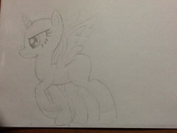 Size: 960x720 | Tagged: safe, artist:juliet-gwolf18, oc, oc only, alicorn, pony, alicorn oc, bald, base, eyelashes, horn, lineart, raised hoof, solo, traditional art, wings