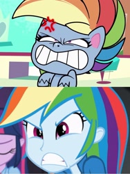 Size: 1717x2289 | Tagged: safe, edit, screencap, rainbow dash, pony, equestria girls, g4, g4.5, my little pony equestria girls: rainbow rocks, my little pony: pony life, zound off, angry, cross-popping veins, furious, grrrr, rage, ragebow dash, rainbow dash is not amused, unamused