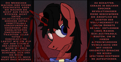 Size: 2813x1440 | Tagged: safe, artist:aaronmk, oc, oc:red eye, cyborg, earth pony, pony, fallout equestria, bust, cyber eye, cybernetic eyes, german, horn, male, stallion, text, wings