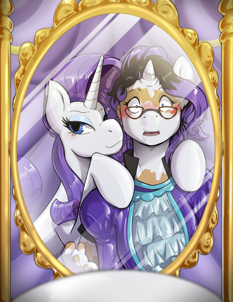 2527203 - safe, artist:helixjack, rarity, oc, human, unicorn, g4, blushing,  carousel boutique, commission, duplication, fetish, glasses, high res,  human oc, human to pony, latex, mid-transformation, mirror, offscreen  character, pov, purple background ...