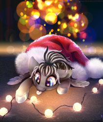 Size: 3200x3800 | Tagged: safe, artist:mithriss, oc, oc only, oc:package delivery, pegasus, pony, christmas, christmas lights, dreadlocks, hat, high res, holiday, imminent electrocution, santa hat, solo, sparkly eyes, string lights, this will end in electrocution, this will end in pain, this will end in tears, tongue out, wingding eyes