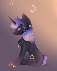 Size: 1080x1350 | Tagged: safe, artist:rxndxm.artist, oc, oc only, pony, abstract background, chest fluff, ear piercing, jewelry, necklace, piercing, sitting, solo