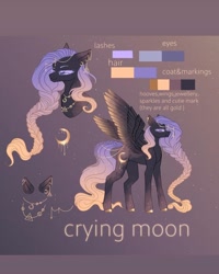 Size: 1080x1350 | Tagged: safe, artist:crying._.moon.not.sad, oc, oc only, pegasus, pony, bust, crescent moon, duo, ear piercing, ethereal mane, eyelashes, moon, pegasus oc, piercing, reference sheet, starry mane, wings