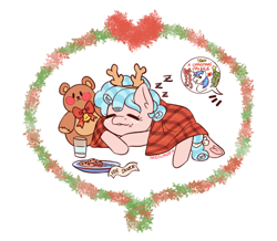 Size: 1280x1114 | Tagged: safe, artist:merimutt, cozy glow, shining armor, pony, g4, blanket, christmas, cookie, cozybetes, cute, eyes closed, female, filly, food, holiday, onomatopoeia, simple background, sleeping, smiling, solo focus, sound effects, teddy bear, transparent background, zzz