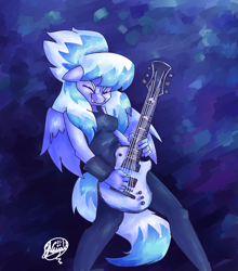 Size: 1850x2100 | Tagged: safe, artist:mannybcadavera, cloudchaser, pegasus, anthro, g4, abstract background, breasts, electric guitar, eyes closed, female, guitar, les paul, mare, musical instrument, playing, playing instrument, rock (music), smiling, solo