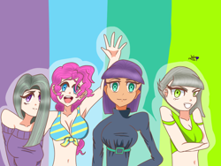 Size: 1024x768 | Tagged: safe, artist:kikithepegasisweeb, limestone pie, marble pie, maud pie, pinkie pie, human, g4, bare shoulders, belly button, belt, bikini, bikini top, breasts, clothes, crossed arms, dress, female, grin, humanized, open mouth, pie sisters, short shirt, siblings, sisters, smiling, sweater, swimsuit, tank top, waving