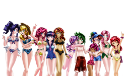 Size: 5000x3010 | Tagged: safe, alternate version, artist:mauroz, apple bloom, applejack, fluttershy, pinkie pie, rainbow dash, rarity, sci-twi, scootaloo, spike, sunset shimmer, sweetie belle, twilight sparkle, human, equestria girls, absurd file size, anime, belly button, bikini, breasts, busty applejack, busty fluttershy, busty pinkie pie, busty rarity, busty sunset shimmer, busty twilight sparkle, cameltoe, cleavage, clothes, cutie mark crusaders, dark skin, dress, female, group, humane five, humane seven, humane six, humanized, male, mane seven, mane six, midriff, one-piece swimsuit, open-back swimsuit, palindrome get, shipping, simple background, spikebelle, straight, striped swimsuit, suit, swimsuit, transparent background