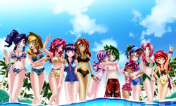 Size: 5000x3010 | Tagged: safe, alternate version, artist:mauroz, apple bloom, applejack, fluttershy, pinkie pie, rainbow dash, rarity, sci-twi, scootaloo, spike, sunset shimmer, sweetie belle, twilight sparkle, human, equestria girls, absurd file size, anime, belly button, bikini, breasts, busty applejack, busty fluttershy, busty pinkie pie, busty rarity, busty sunset shimmer, busty twilight sparkle, cameltoe, cleavage, clothes, cutie mark crusaders, dress, female, group, human spike, humane five, humane seven, humane six, humanized, male, mane seven, mane six, midriff, one-piece swimsuit, open-back swimsuit, shipping, simple background, spikebelle, straight, striped swimsuit, suit, swimsuit