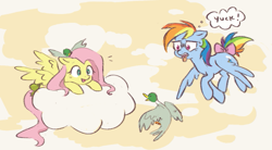 Size: 599x330 | Tagged: safe, artist:fizpup, fluttershy, rainbow dash, bird, duck, pegasus, pony, g4, bleh, bow, cloud, cute, duo, female, flying, looking at someone, mare, on a cloud, open mouth, shyabetes, sky, smiling, speech bubble, spread wings, tail bow, tongue out, varying degrees of amusement, wings, yuck