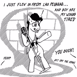 Size: 4000x4000 | Tagged: safe, artist:billneigh, pegasus, pony, bipedal, black and white, club, comedian, comic, grayscale, heckling, joke, lineart, male, microphone, monochrome, nervous, offscreen character, spotlight, stallion, stand-up comedy, sweat, sweatdrops