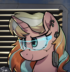 Size: 1927x1977 | Tagged: safe, artist:selenophile, part of a set, oc, oc only, oc:peach tea, pony, unicorn, animated at source, bust, commission, cyberpunk, ear piercing, earring, jewelry, piercing, portrait, solo, visor, ych result