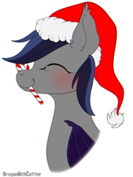 Size: 720x960 | Tagged: safe, artist:demonwithapen, oc, oc only, oc:echo, bat pony, pony, bat pony oc, bat wings, candy, candy cane, christmas, commission, digital art, eyes closed, female, food, hat, holiday, mare, santa hat, simple background, smiling, solo, white background, wings, ych result