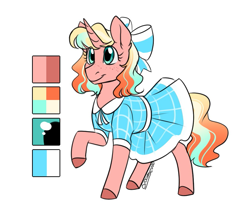 Size: 1037x882 | Tagged: safe, artist:cosmalumi, oc, oc only, oc:peach tea, pony, unicorn, bow, clothes, dress, reference sheet, simple background, solo, white background