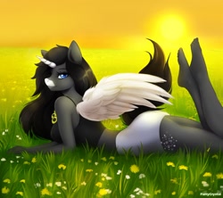 Size: 1280x1139 | Tagged: safe, artist:furrycrystal, oc, oc only, alicorn, anthro, plantigrade anthro, alicorn oc, barefoot, breasts, clothes, commission, digital art, feet, grass, horn, looking at you, lying down, sky, spread wings, sunset, tail, the pose, thighs, wings, ych result