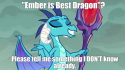 Size: 1280x718 | Tagged: safe, edit, edited screencap, screencap, princess ember, dragon, g4, gauntlet of fire, best dragon, bloodstone scepter, caption, dragon lord ember, female, solo, text