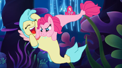 Size: 1024x572 | Tagged: safe, artist:diana173076, pinkie pie, princess skystar, seapony (g4), g4, my little pony: the movie, bubble, duo, female, hoof on head, laughing, open mouth, raspberry, seaponified, seapony pinkie pie, species swap, tickling, tongue out, tummy buzz, underwater