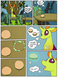 Size: 900x1200 | Tagged: safe, artist:smallhorses, queen chrysalis, thorax, changedling, changeling, changeling queen, g4, burger, comic, commission, didn't think this through, female, food, imminent vore, implied death, implied digestion, king thorax, this will end in death, this will end in tears, this will end in tears and/or death, vore