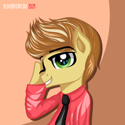 Size: 2000x2000 | Tagged: safe, artist:aldobronyjdc, feather bangs, earth pony, pony, g4, clothes, digital art, hairstyle, happy, high res, male, necktie, one eye closed, shirt, simple background, smiling at you, solo, wink