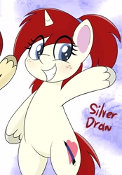 Size: 1865x2679 | Tagged: safe, artist:an-tonio, edit, oc, oc:silver draw, pony, unicorn, g4.5, my little pony: pony life, bipedal, cropped, cute, freckles, looking at you, smiling, waving