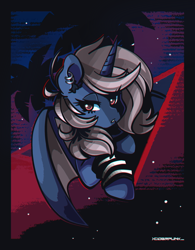 Size: 1720x2200 | Tagged: safe, artist:ciderpunk, oc, alicorn, bat pony, pony, clothes, commission, ear piercing, earring, jewelry, piercing, retrowave, synthwave