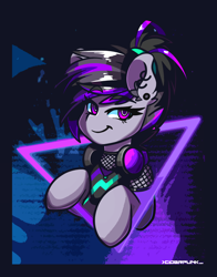 Size: 2346x3000 | Tagged: safe, artist:ciderpunk, oc, oc only, pony, clothes, commission, ear piercing, earring, fishnet stockings, headphones, high res, jewelry, piercing, retrowave, synthwave