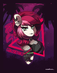 Size: 2346x3000 | Tagged: safe, artist:ciderpunk, roseluck, human, g4, clothes, cybergoth, cyberpunk, ear piercing, earring, fishnet stockings, glowstick, high res, humanized, jewelry, piercing, retrowave, synthwave