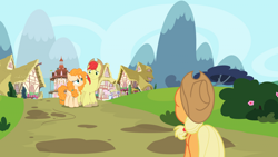 Size: 1920x1080 | Tagged: safe, artist:dashiesparkle edit, artist:estories, edit, vector edit, applejack, bright mac, pear butter, earth pony, pony, g4, female, male, mare, ponyville, stallion, story included, vector