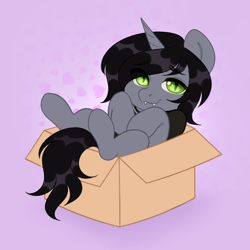 Size: 1000x1000 | Tagged: safe, artist:tookiut, pony, unicorn, box, clothes, commission, disguise, disguised siren, fangs, horn, jewelry, kellin quinn, looking at you, lying down, male, necklace, on back, ponified, pony in a box, shirt, sleeping with sirens, slit pupils, smiling, solo, stallion, t-shirt, ych result