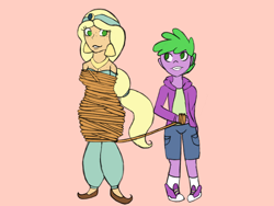 Size: 2048x1536 | Tagged: safe, artist:mintymelody, applejack, spike, equestria girls, g4, bondage, breasts, cleavage, female, male, rope, rope bondage, ship:applespike, shipping, straight, tied up