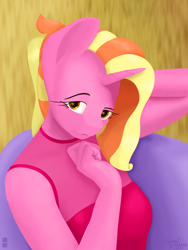 Size: 1800x2400 | Tagged: safe, artist:alicorn-without-horn, luster dawn, unicorn, anthro, g4, arm behind head, bust, clothes, looking at you, solo