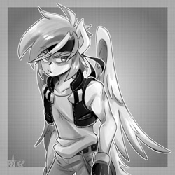 Size: 600x600 | Tagged: safe, artist:thegreatrouge, rainbow dash, pegasus, anthro, g4, clothes, grayscale, monochrome, old art, solo