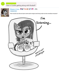 Size: 1000x1202 | Tagged: safe, artist:chopsticks, oc, oc only, oc:cookie cutter, cat, pegasus, pony, ask, ask cookie cutter, chair, cheek fluff, chest fluff, descriptive noise, dialogue, female, filly, looking at you, monochrome, petting, sitting, text, wing hands, wings