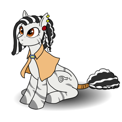 Size: 1800x1800 | Tagged: safe, artist:pony quarantine, oc, oc only, oc:zurina, pony, zebra, cloak, clothes, ear piercing, earring, female, jewelry, looking up, mare, piercing, simple background, sitting, solo, white background