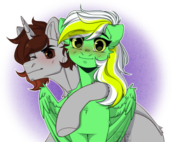 Size: 2200x1783 | Tagged: safe, artist:allisonbacker, oc, oc:gumdrops, oc:shruggy, pegasus, pony, unicorn