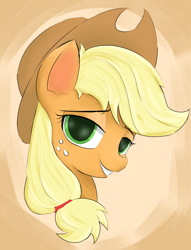 Size: 1426x1871 | Tagged: source needed, safe, artist:ponerino, applejack, earth pony, pony, g4, bust, colored, cowboy hat, digital art, female, hat, head, looking at you, mare, teeth