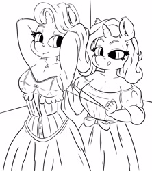 Size: 2957x3329 | Tagged: safe, artist:peachykireen, starlight glimmer, trixie, unicorn, anthro, g4, arm behind head, armpits, black and white, clothes, corset, digital art, dress, grayscale, high res, lineart, monochrome, wedding dress